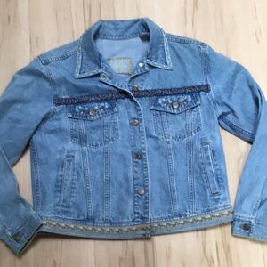 Vintage Liz Claiborne Embroidered Floral Trim Denim Blue Jean Jacket Petite M